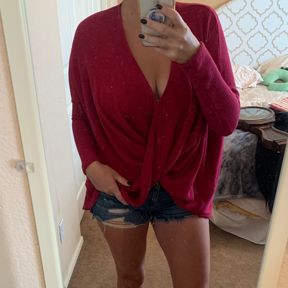 Maroon draped front sweater